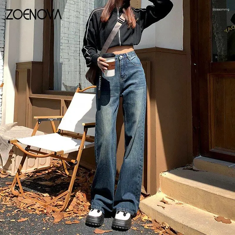 여자 청바지 Zoenova 2024 Y2K High High Waist Straight Micro Flare 바지 한국 스타일의 넓은 다리 가구 가기 거리웨어 패션 의류