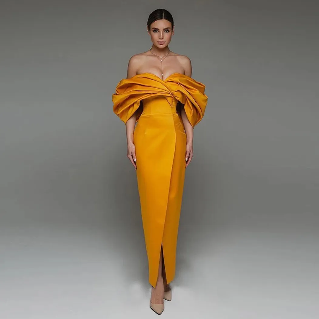 エレガントな長い肩のオレンジ色のタフタイブニングドレス