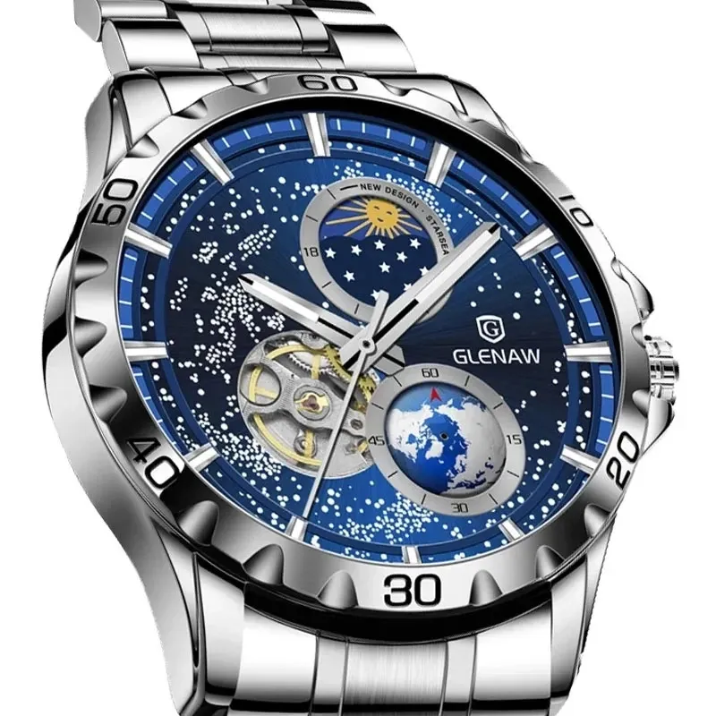 GLENAW Rotating Earth Double Second Hand WristWatch Men Automatic Mechanical Watch Starry Sky Stainless Steel Leather Watchband 240407