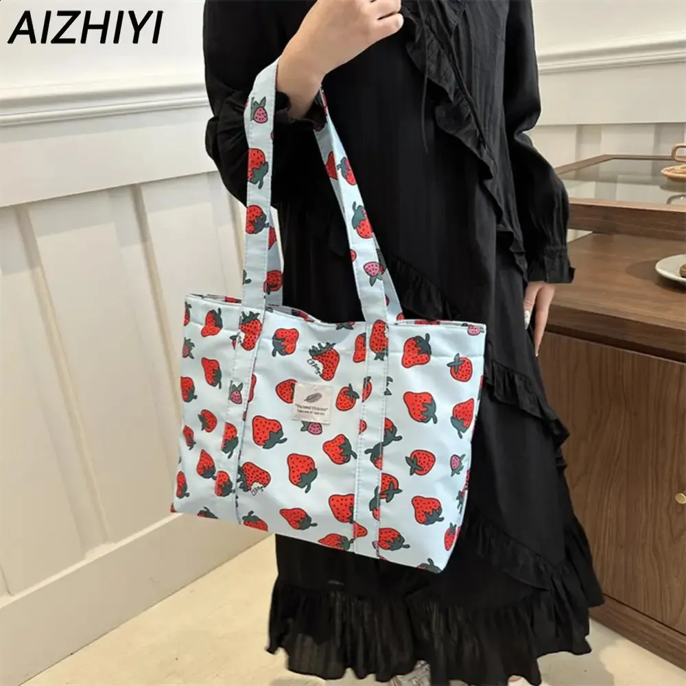 Cherry Strawberry Print Nylon Tote Bag - Large Capacity