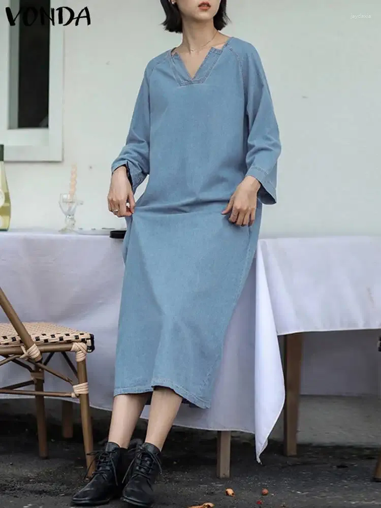 VONDA Women Autumn Denim Midi Dress Hooded Collar Peplum Cotton  Ankle-Length Solid Color from Dhgate Basic & Casual Dresses - price 36.89