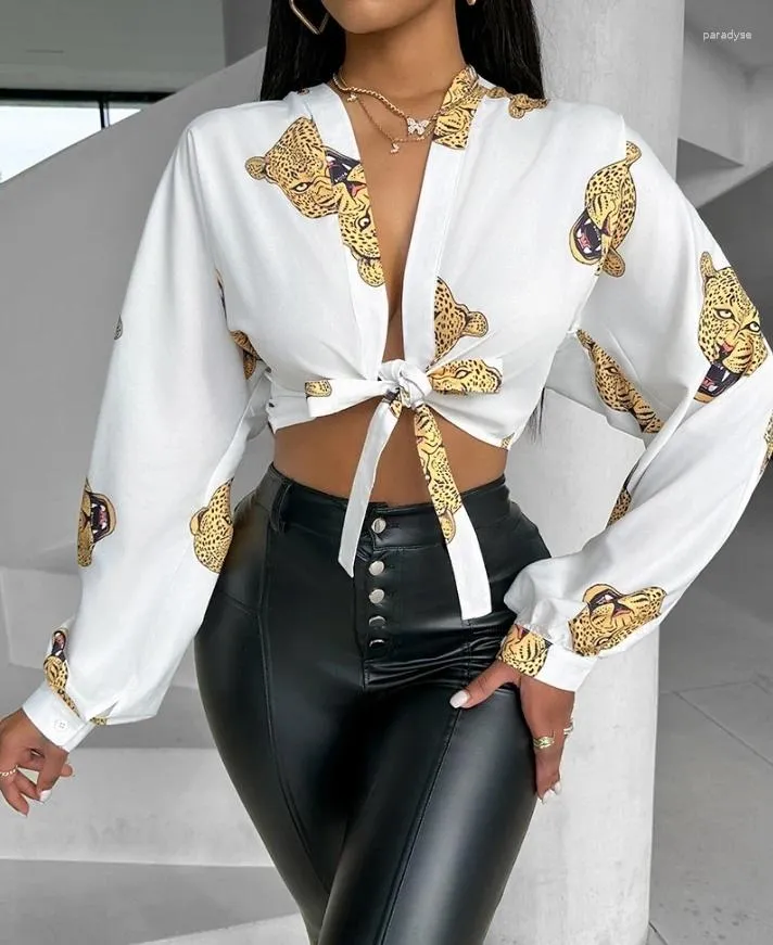 Magliette da donna top di lusso da donna stampato leopardo raccolto annodato 2024 primavera/estate ultime maniche lunghe casuali