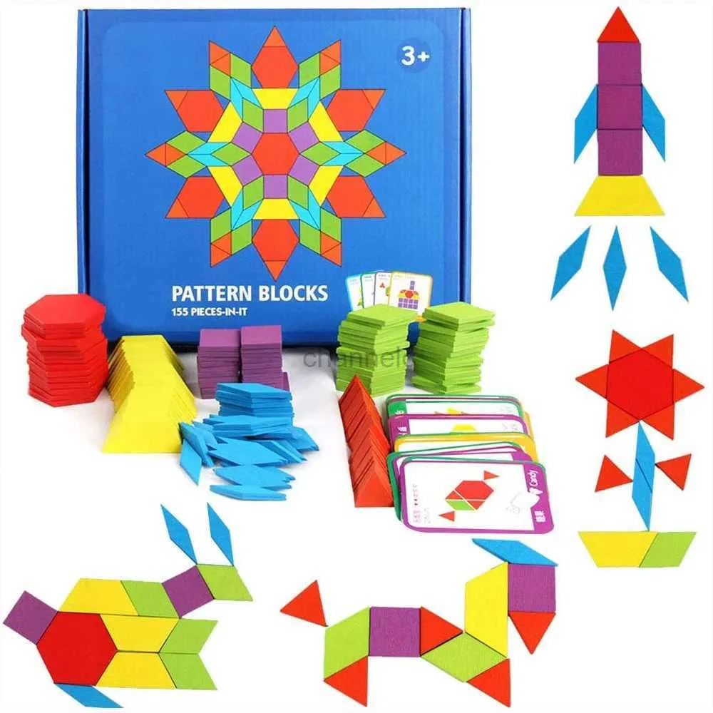 3D -pussel 155 PCS Trämönster Block Set Geometric Shape Puzzle Kindergarten Classic Education Montessori Tangram Toys for Kids 240419