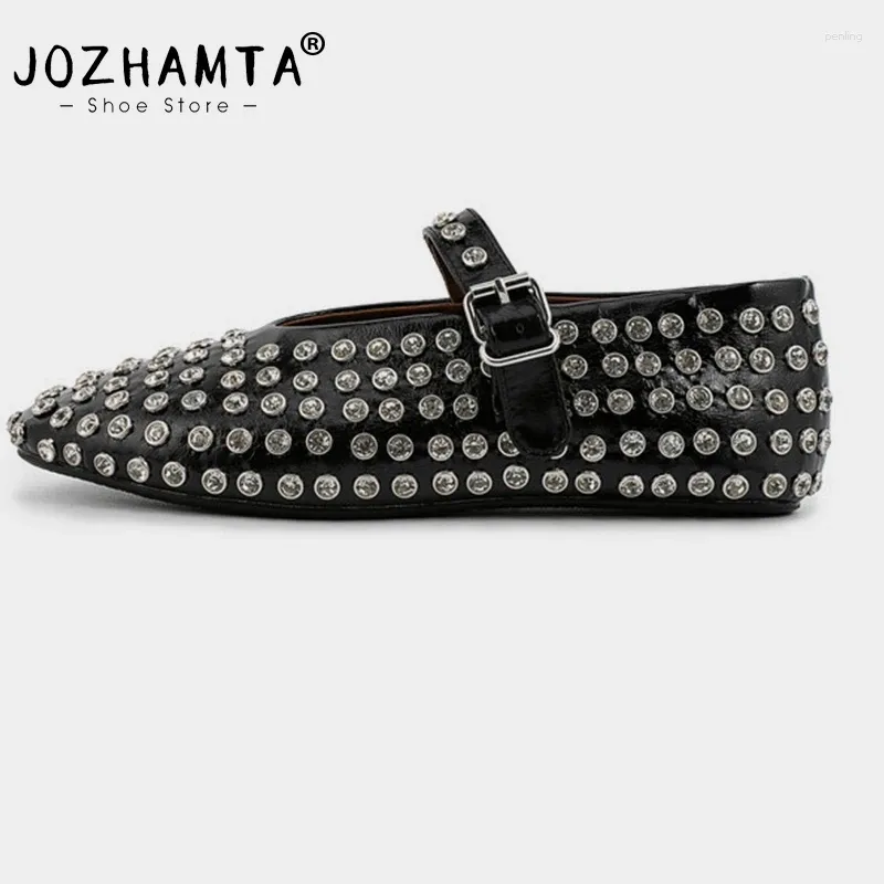 Casual Shoes JOZHAMTA Size 35-40 Women Sparkly Crystals Flats Mary Janes Ballet Real Leather Heels Ins 2024 Spring Daily