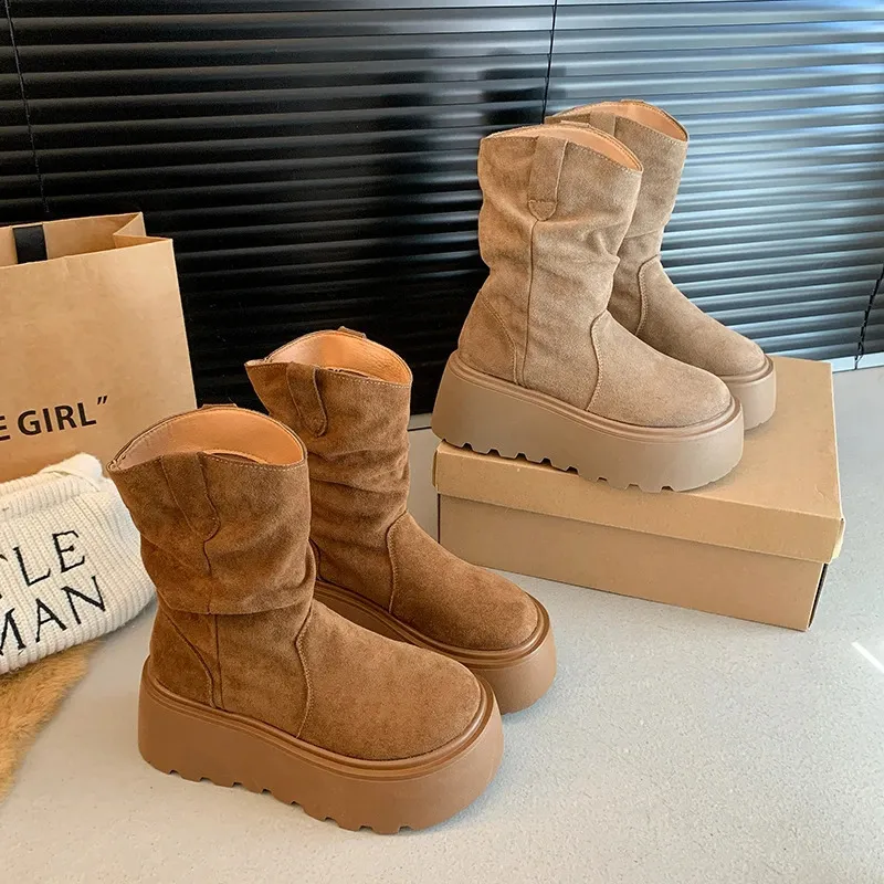 Suede Platform Ankle Boots For Women Mid Heel Walking Shoes Non Slip_voghion.com