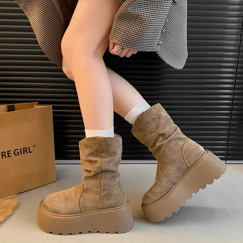 Suede Platform Ankle Boots For Women Mid Heel Walking Shoes Non Slip_voghion.com