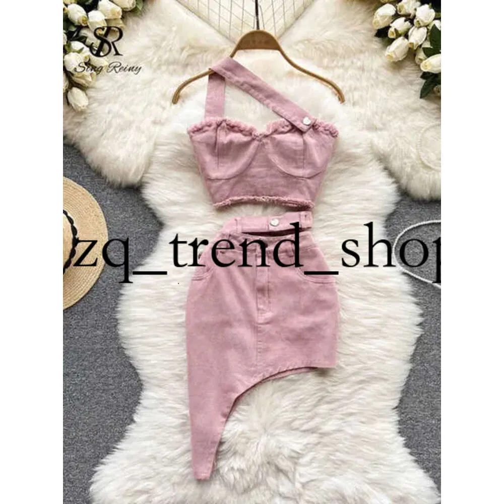 Dwuczęściowa sukienka Singreiny Dżins Róż Sexy Sets Sash Sashes Button Kieszeń Nieregularna bez ramiączka Backless Top Dżinsowa spódnica dwuczęściowy zestaw 8