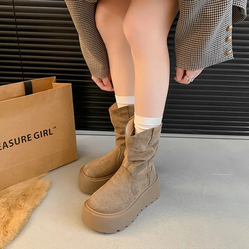 Suede Platform Ankle Boots For Women Mid Heel Walking Shoes Non Slip_voghion.com