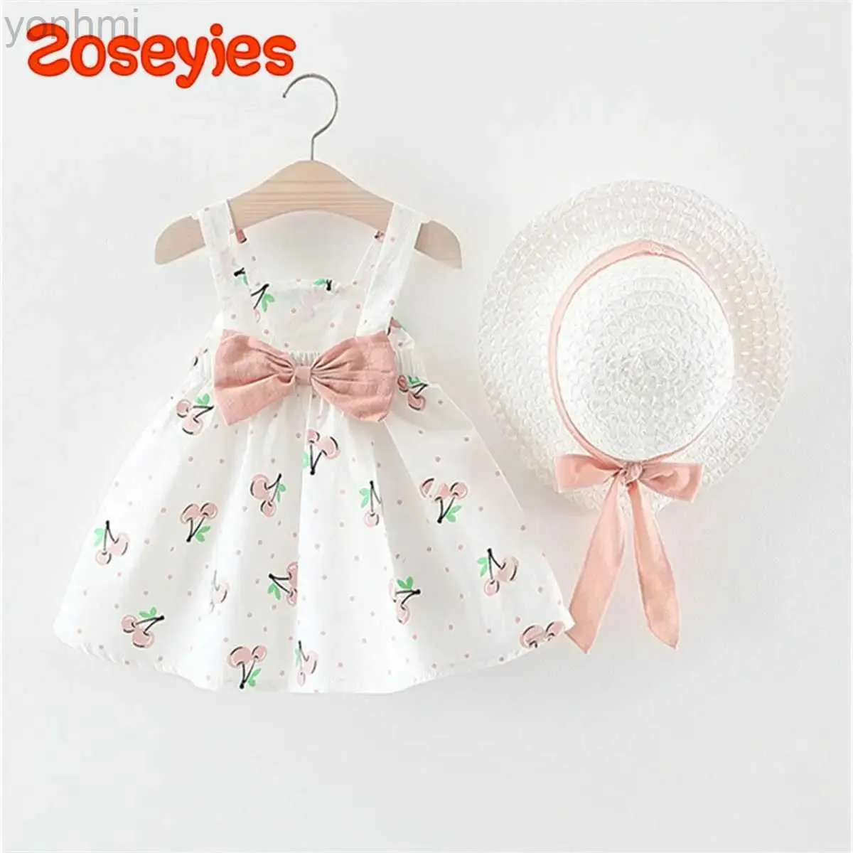 Vestidos de menina verão garotas de bebê vestido novo vestido pontilhado de cereja de costas com chapéu d240423