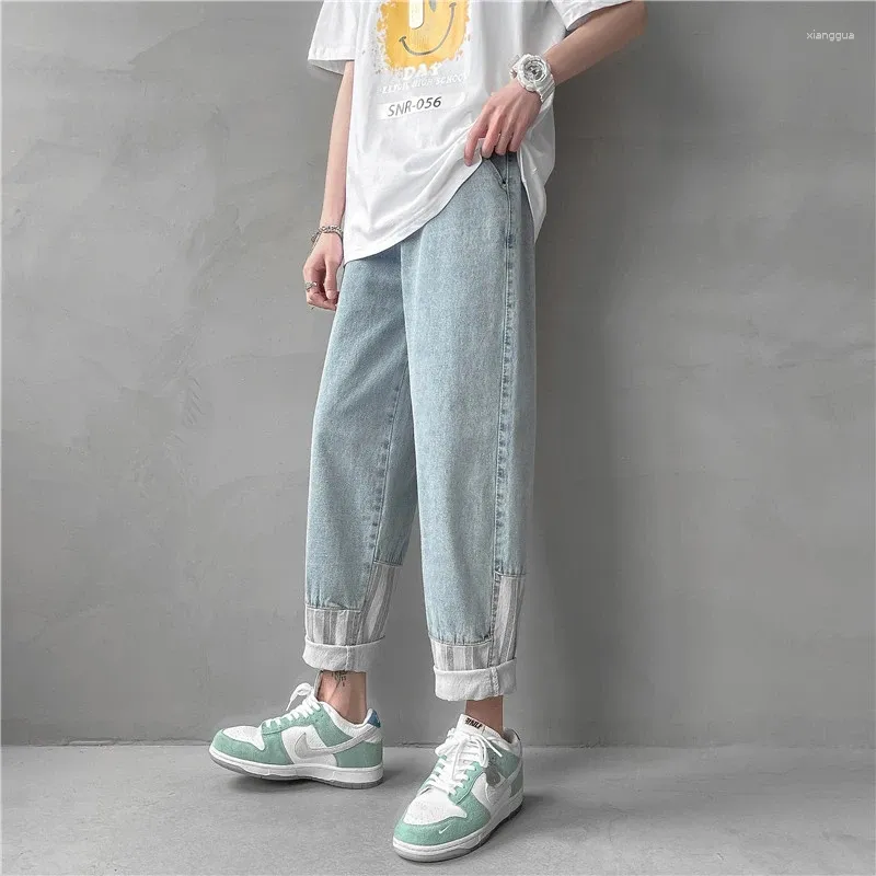 Brand de jeans masculin Version coréenne Pantalon décontracté High Street Straight Loose Loose Ligne bleu mince en denim Cantant C214