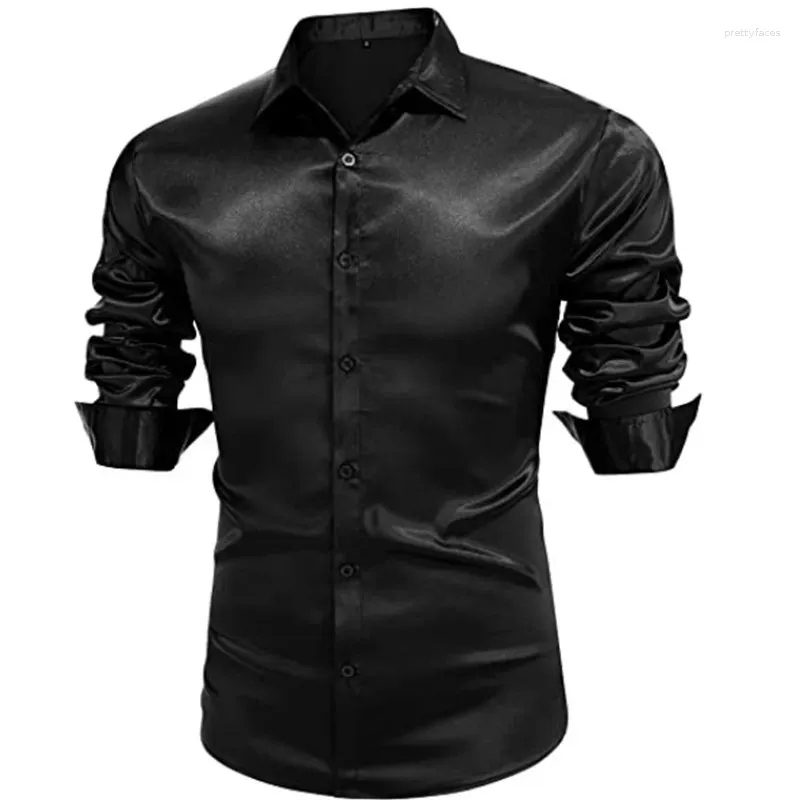 Men's Dress Shirts Luxury Bright Silk Ball Shirt Long Sleeve Casual Slim Muscle Button Down Plus Size S-3XL