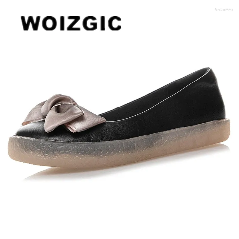 Sapatos casuais woizgic mulheres mãe damas femininas femininas de couro genuíno mocassins mocassins deslizamentos de bowknot no retro plus size 43 jz-19115