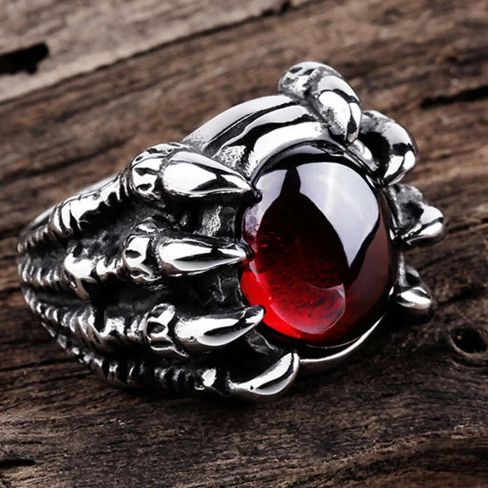 Fashionable and Aggressive Set with Red Ring for Mens Personality Chinese Dragon Claw Trend Alloy