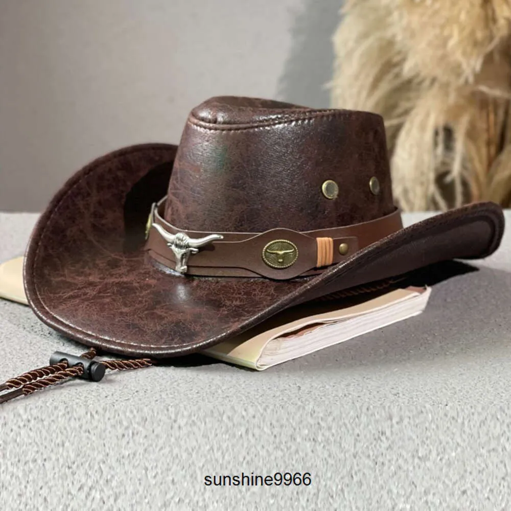 Cappelli a secchi larghi con cappello da festa uomini in pelle finta cuoio cowboy western cowboy decorate pilota vintage panama cowgirl jazz cap bas