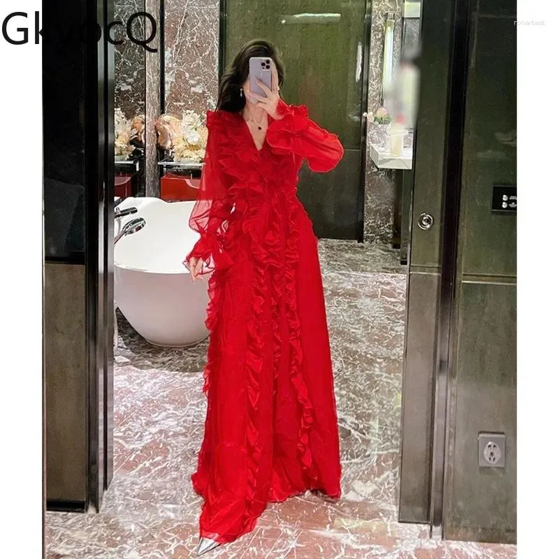 Abiti casual GkyoCq Abito autunnale di lusso Celebrity Giovane Ruffles Rosso in stile coreano A-Line Abiti da festa femminile