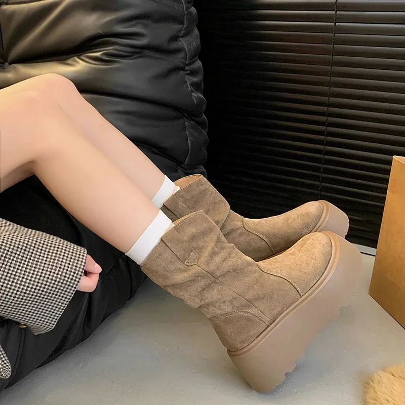 Suede Platform Ankle Boots For Women Mid Heel Walking Shoes Non Slip_voghion.com