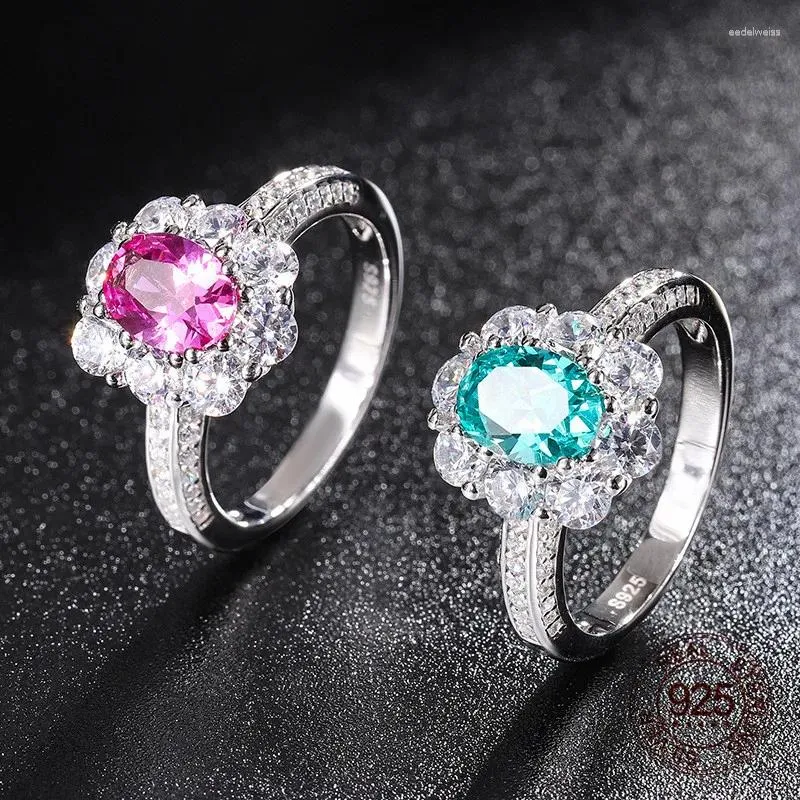 Pierścienie klastra 925 Sterling Srebrna biżuteria 6x8mm owalna różowa czerwona cyrkon naśladowanie niebieski Paraiba Tourmaline Pierścień kamienia szlachetnego