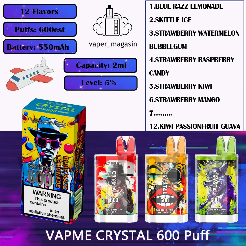 Лучшие продаваемые Vapme Crystal 600 Duff Orsosable E-сигарета 12 вкуса 2 мл предварительно загруженного картриджа 0% 2% 3% 5% концентрация 600 Puffs 550MAH Перезаряжаемая электронная сигарета