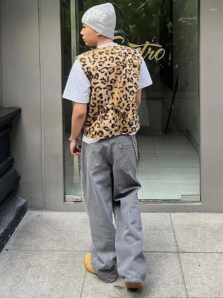 CLANE クラネ　LEOPARD LONG GILET Mens Leopard Print Vest Streetwear: Casual Loose V-Neck