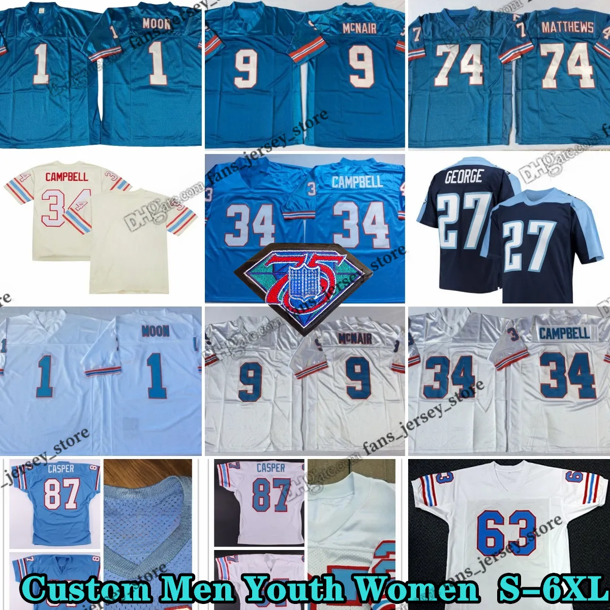 Custom 75th Throwback 34 Earl Campbell 1976 Jerseys de football 1 Warren Moon 9 Steve McNair 74 Bruce Matthews 27 Eddie George 63 Mike Munchak 87 Dave Casper 78 Cuyley Culp