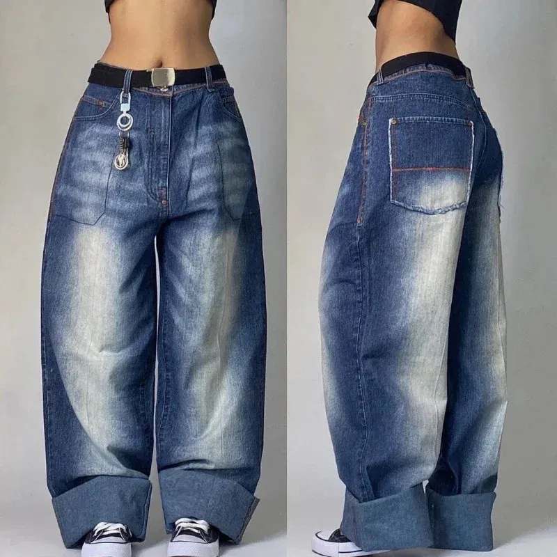 JNCO Jeans Y2K Women Harajuku retro Hip Hop Blue Kolor workowate dżinsy Czarne spodni gotycka wysoka pasa szerokie spodnie streetwear 240409