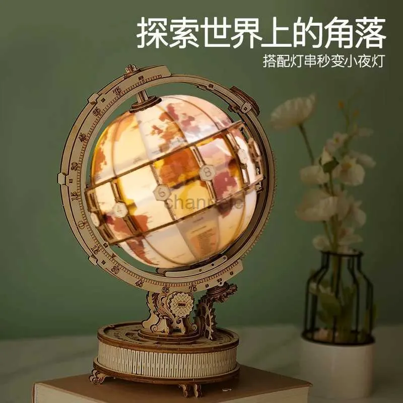 3D Puzzles 3D Wooden Puzzle Luminous Globe With LED Light Wooden Constructor Assembly Model Toy Model Building Kits Modeling Craft Ornament 240419