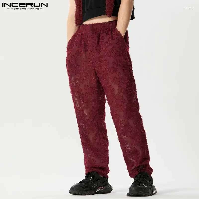 Mäns byxor 2024 Elastiska midja joggar transparent plysch jacquard byxor män streetwear lös sexig mode pantalon incerun