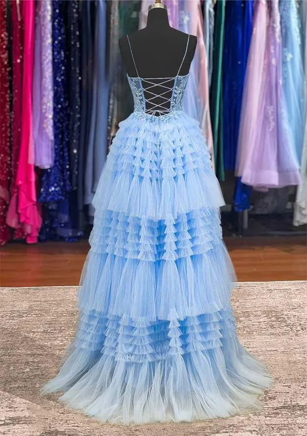 shiny dresses for prom Shiny Blue A-line V-neck Long Prom Dresses, Evening Dress with Side Slit,  MP682