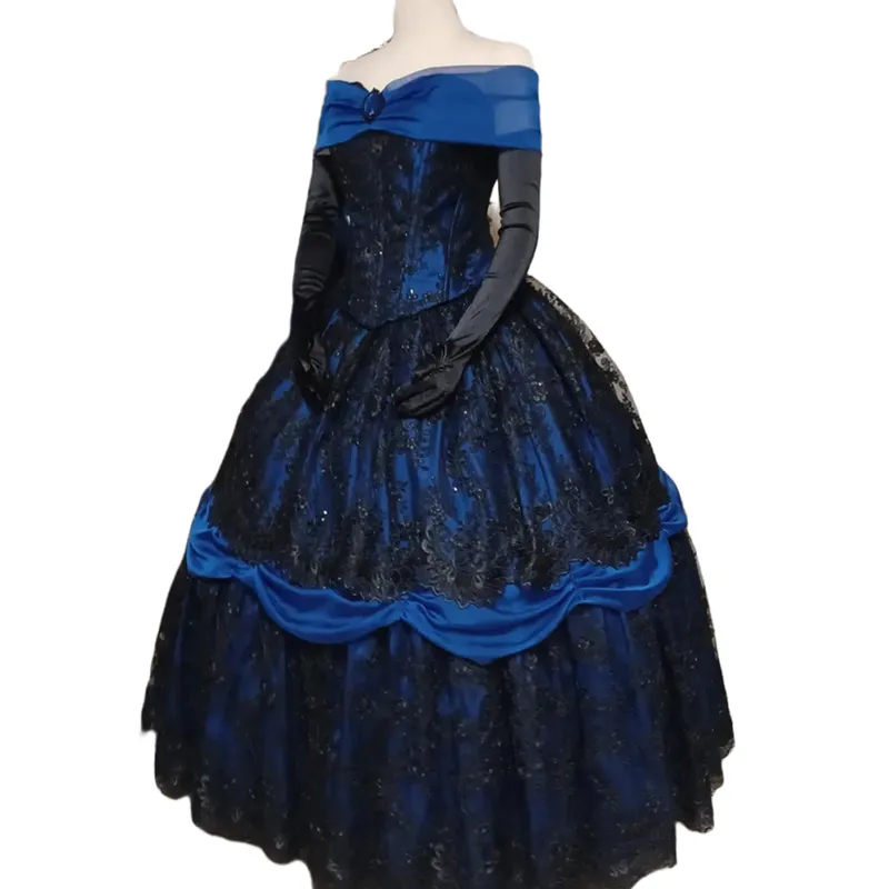Vintage Gothic Off-Shoulder Lace princess formal dress for Women - Black and Royal Blue, Floor Length Special Occasion Gown (2024)