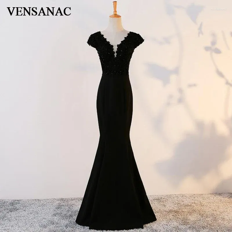 Robes de fête Vensanac 2024 Vintage Sirène Lace V Cou Long Nombre Elegant Elegant Semeded Open Back Robes de bal