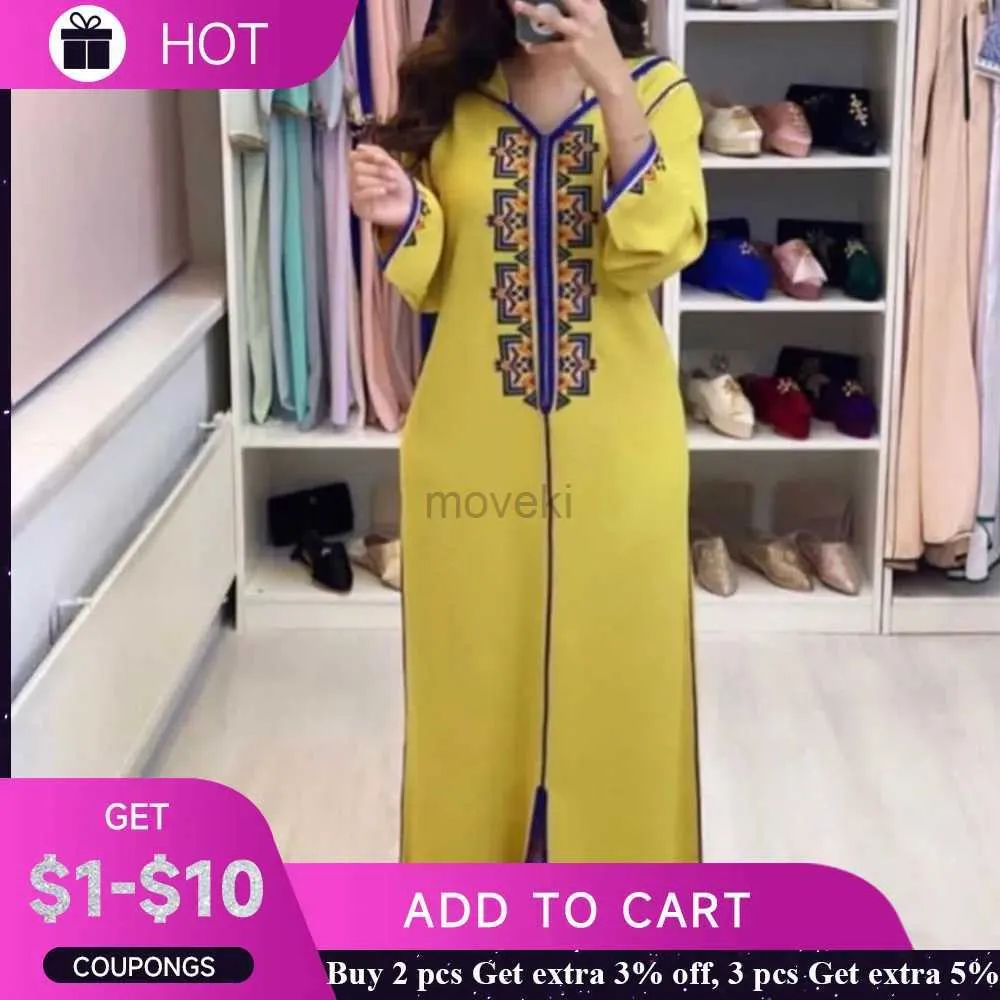 Vêtements ethniques Abaya pour les femmes Ramadan Islamic V-Col à col jellaba Femmes Robe Long Manches Loose Abaya Robe Fashion Arabe Dubai Vêtements D240419