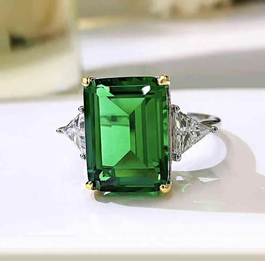 Creative 925 Sterling Silver Big Square 1014mm Emerald Green Color Ring For Women Fine Jewelry Gift Accessory2063247