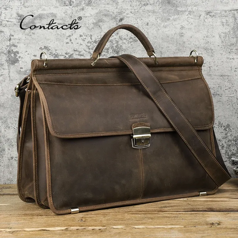 Портфельбазы Vintage Men's Men's Men's Borftame Crazy Horse Leathing Business Bagn для ноутбука для 16 -дюймовых суммированных мессенджеров с большой мощностью