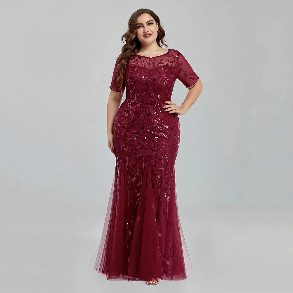 Women Plus Size Sequin Mesh Embroidery Mermaid Evening Dress Formal Short Sleeve Elegant Party Prom Gowns Long Dress 240403