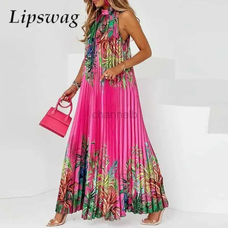 Vestidos casuais básicos Lady casual halter solto maxi vestido maxi mulheres moda folhas estampas mangas praia boho vestido elegante halter longa festa de festa 240419