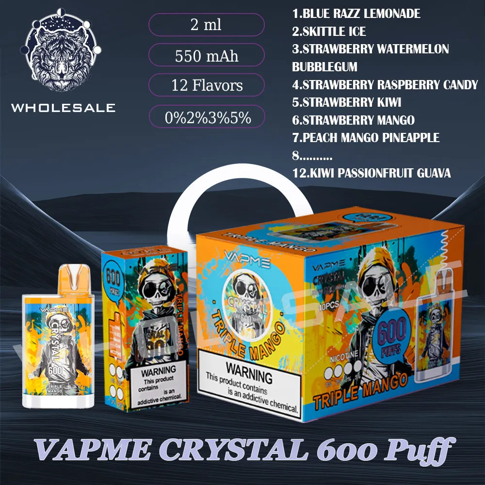 Original VAPME CRYSTAL 600 Puff Disposable Vape Pen 550mAh Mesh Coil 2ml Pre-filled Pod 0% 2% 3% 5% Level Vaporizer Device 600Puffs E Cigarette 12 Flavors