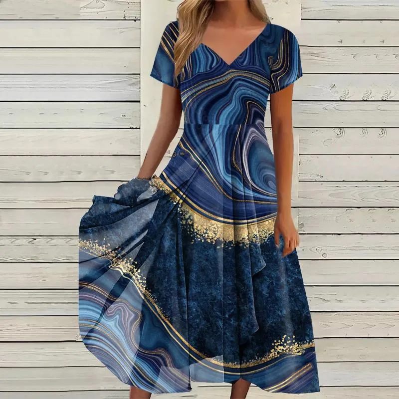 Vestidos casuais verão feminino giro midi estampar elegante v pesco