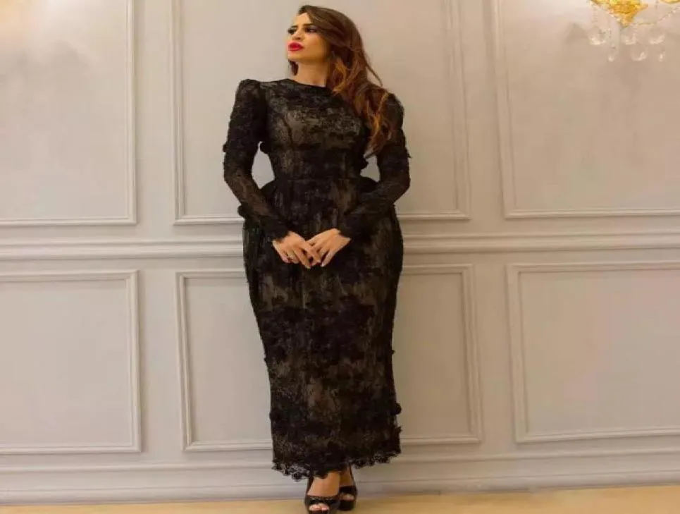 Black Lace Ankle Length Dresses Formal Evening Gowns Jewel Neck Applique Long Sleeves Prom Dresses Glamorous See Through Sheath Ev3700109