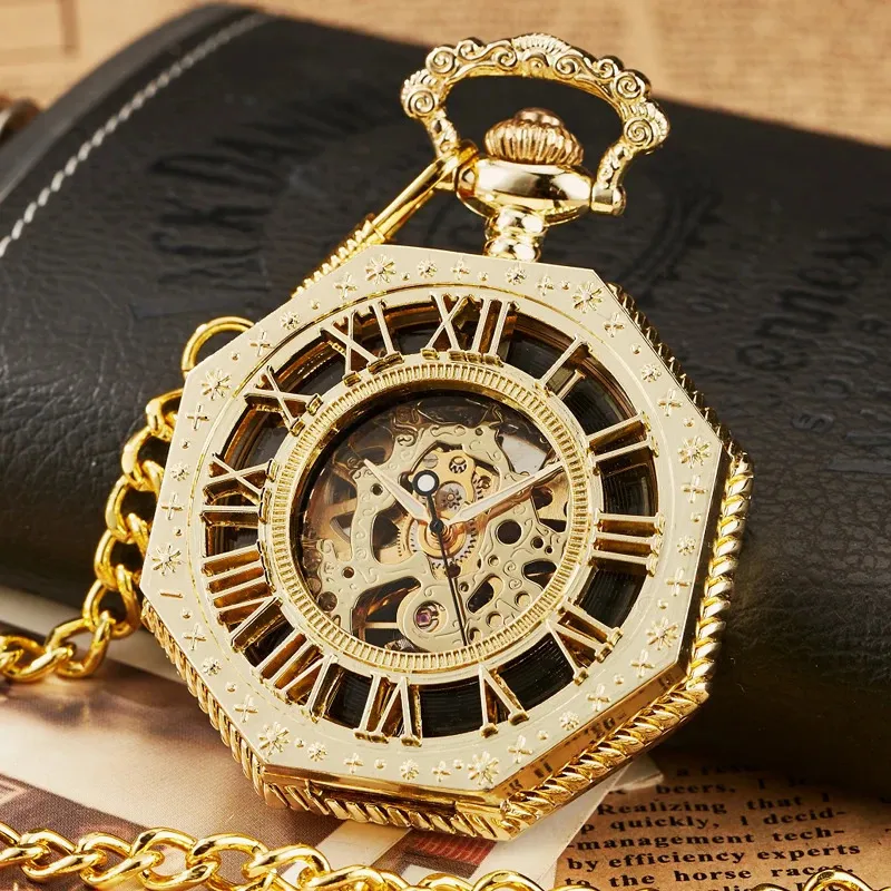 Hexagonal Mechanical Pocket Watch Golden Sliver Bronze Hollow Fob Chain With Box Men Femme Dame Watchs Mens Vintage Cadeaux 240416