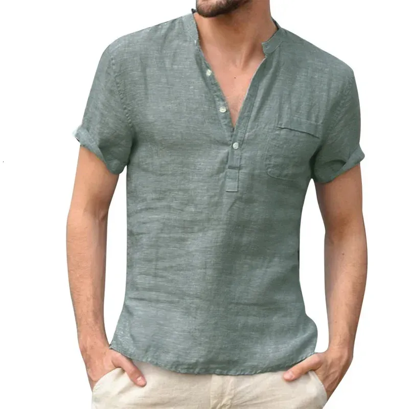 Yüksek kaliteli erkek keten v boyun bandaj tişörtleri erkek düz renk uzun kollu gündelik pamuk keten tişörtler 240412