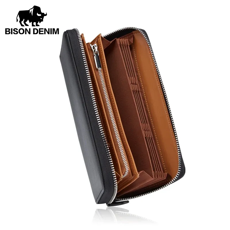 Carteiras Bisondenim 100% Genuíno Couro Men da carteira Longa Mudança de bits Crédito do cartão de crédito Slot Bill Holder RFID Bloqueio W8276