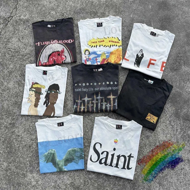 Mäns T-shirts tvättade Saint Michael T-shirt Män kvinnor överdimensionerade Strtwear Heavy Fabricunisex Loose Tops T-shirt T240419