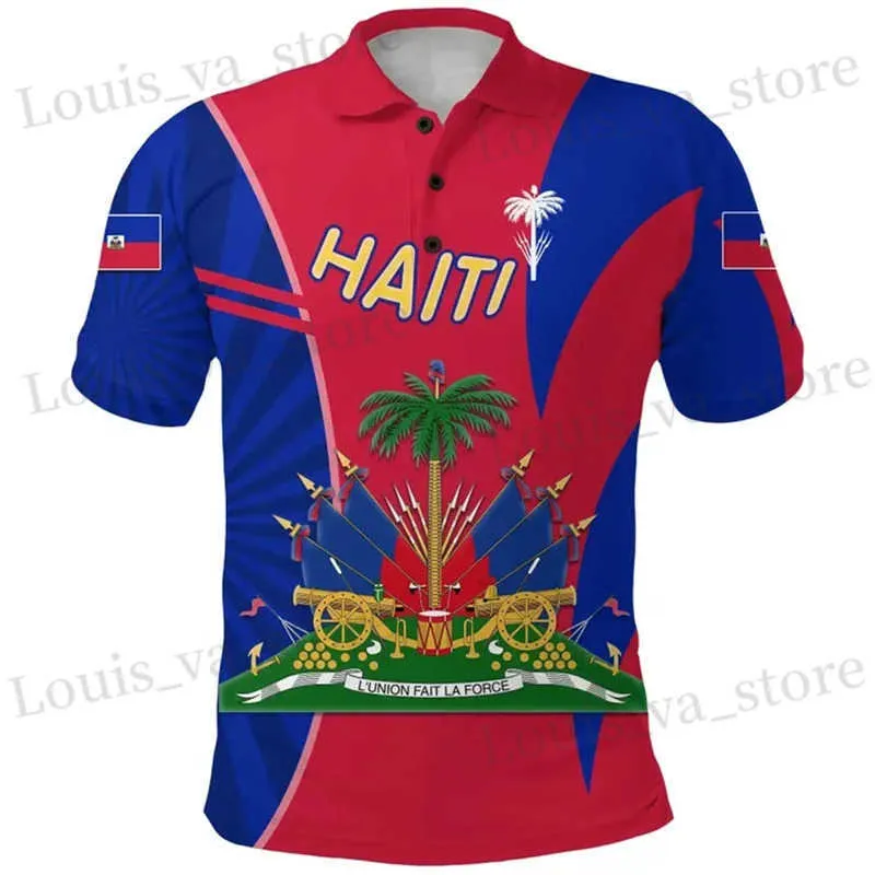 Herr t-shirts populära haiti flagg polo skjorta för män sommar 3d tryck t skjortor toppar avslappnad strt kort slve löst lapel knapp tshirt t240419