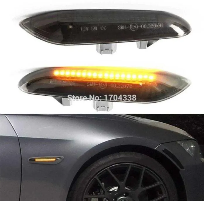 2x Amber LED -sidomarkörens blinklampa för BMW E90 E91 E92 E93 E46 E53 X3 E83 X 1 E84 E81 E82 E87 E88 Röklins Black Style N23854449