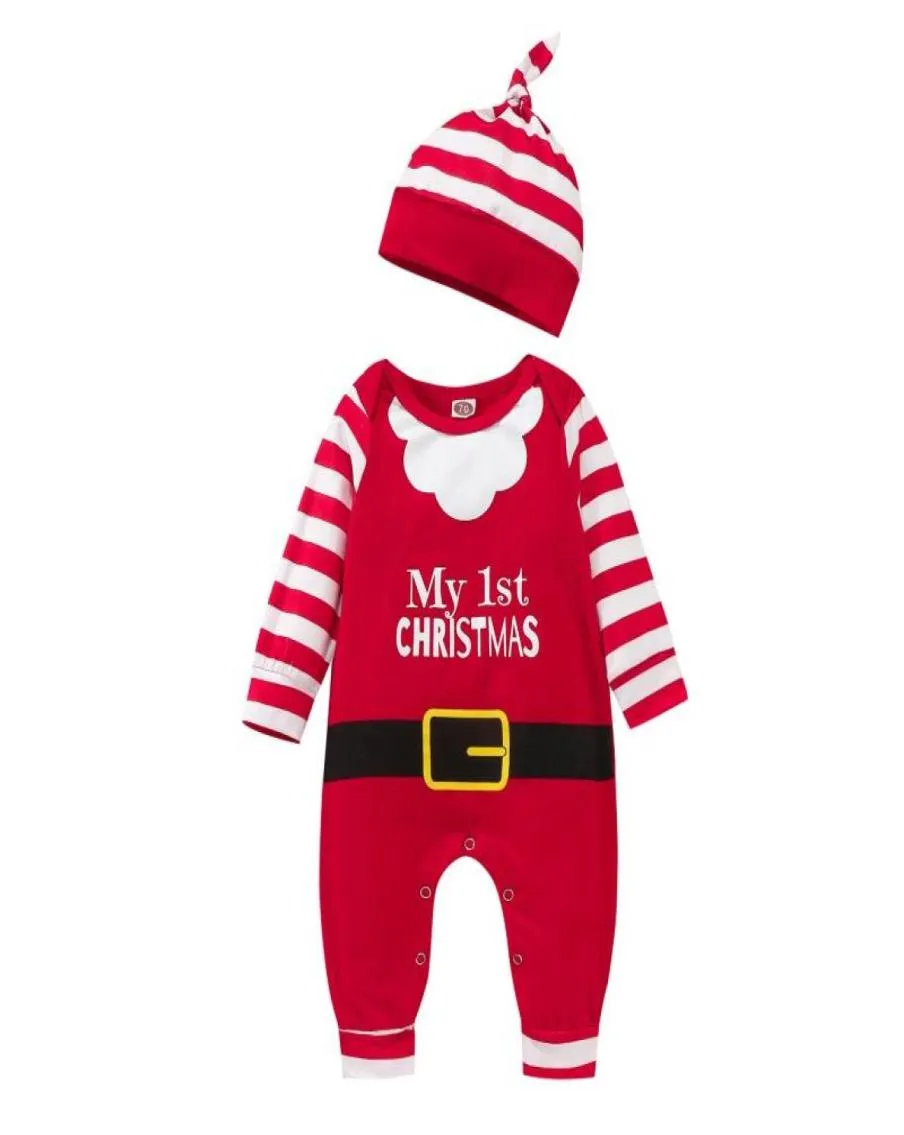 Kläderuppsättningar födda spädbarn Baby Girl Girl My First Christmas Outfits långa ärmar Romper Jumpsuit Hat Set Santa Claus Xmas Costume 07342970