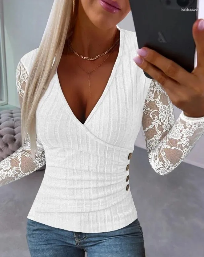 Women's T Shirts Top Women 2024 Spring Fashion Lace Patch Deep V-ringen Ruched Plain Long Sleeve Casual Mager Daily Semi-Shear Tee