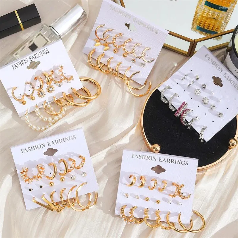 Studörhängen Bohema Geometric Pearl Studs for Women Metal Gold Color Set Hollow Circle Fashion Twist Jewelry