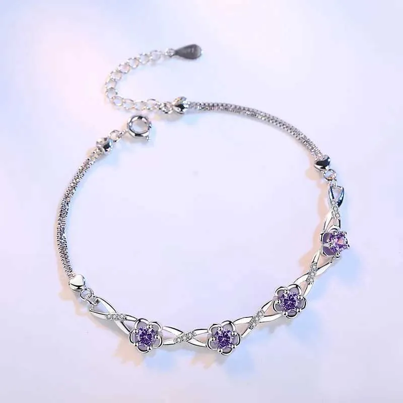 Chaîne Authentic S925 STERLING Silver Crystal Vintage Plum Blossom Flower Bracelet Brangle For Women Girl Lady Wedding Birthday Gift D240419