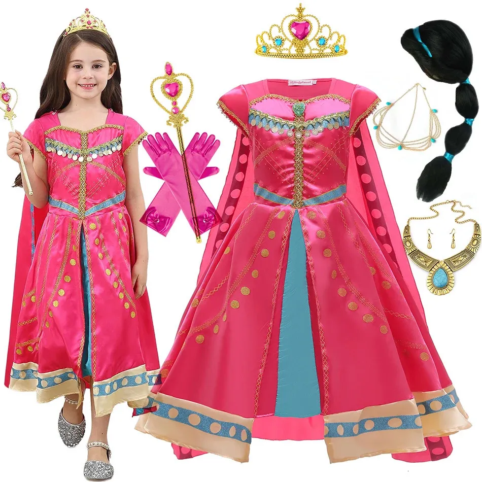 Girl Jasmine Costume Kid Princess Cosplay Dress Aladdin Rollspel Spela Fancy Lamp Birthday Surprise Halloween Disguise Set 240418