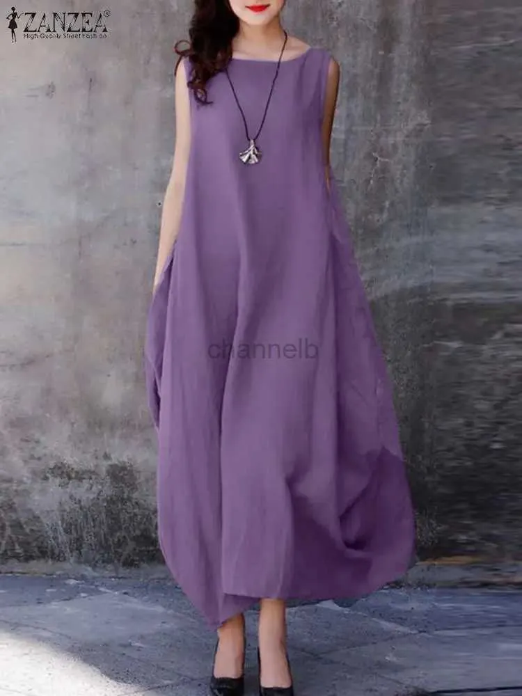 Basic Casual Dresses ZANZEA Oversized Women Solid Color Summer Dress Sleeveless O-Neck Side Pockets Maxi Sundress Casual Vintage Kaftan Beach Vestido 240419